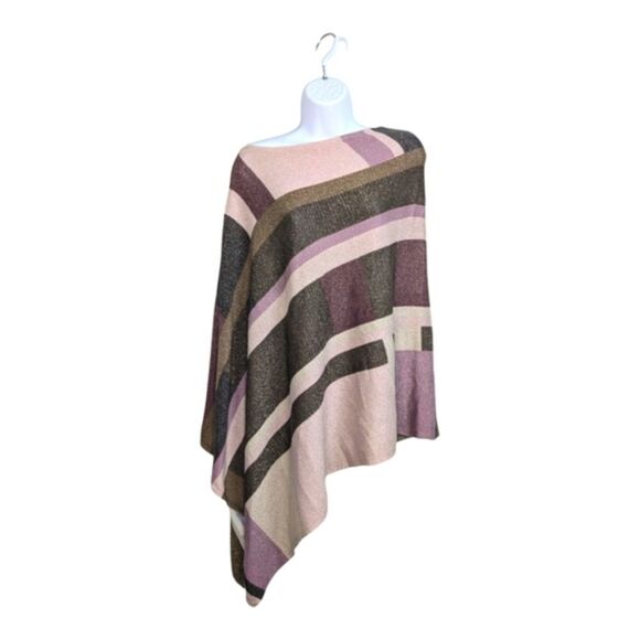 Chico's Woman Shine Plaid Poncho Pink Brown Patchwork Metallic Threads Fall S/M - Picture 1 of 9